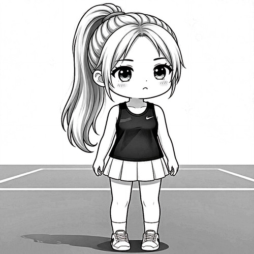 Mürrisches Chibi Tennismädchen mit hohem Pferdeschwanz auf dem Platz in Schwarz Weiß Kunst..jpg