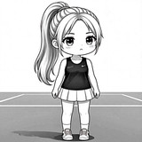 Mürrisches Chibi Tennismädchen mit hohem Pferdeschwanz auf dem Platz in Schwarz Weiß Kunst.