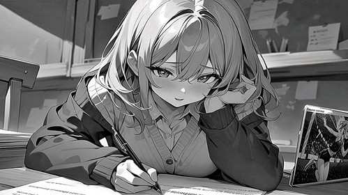 Verträumte Anime Schülerin stützt Kopf auf die Hand beim Schreiben im monochromen Klassenzimmer..jpg
