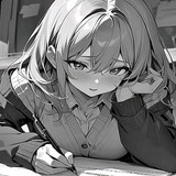 Verträumte Anime Schülerin stützt Kopf auf die Hand beim Schreiben im monochromen Klassenzimmer.