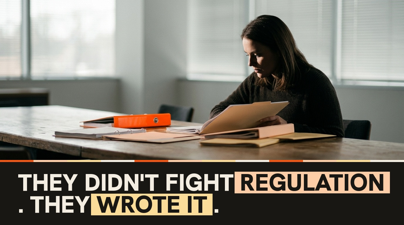 Editorial still-life photograph of regulatory compliance documents and audit reports beside an orange folder on a warm ivory conference table