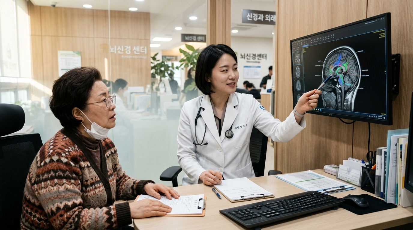 신경과 진료실에서 뇌 MRI 검사 결과를 보며 삼차신경통 상담을 받는 한국인 환자