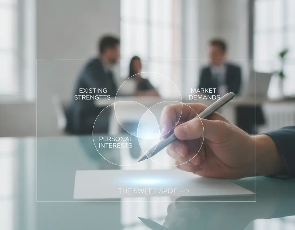 Hand highlighting intersection of strengths, market demands, and interests on a digital Venn diagram