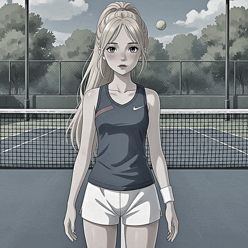 Konzentrierte Tennisspielerin mit blondem Pferdeschwanz wartet am Netz im Manga Stil..jpg