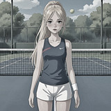 Konzentrierte Tennisspielerin mit blondem Pferdeschwanz wartet am Netz im Manga Stil.