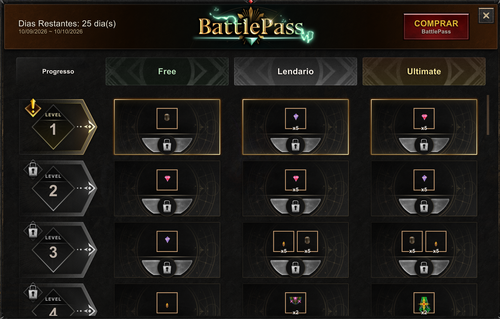 Tela de progresso das Quests do Battle Pass
