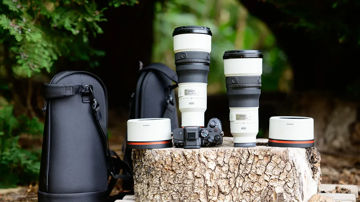 Sony FE 400mm F4.5 GM OSS and Sony FE 600mm F6.3 GM OSS super-telephoto lenses on a tree stump, with the 600mm attached to a Sony A7R V camera, alongside lens hoods and lens soft case