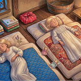 Märchenmädchen schlafen friedlich auf Boden Futons im rustikalen Märchenzimmer.