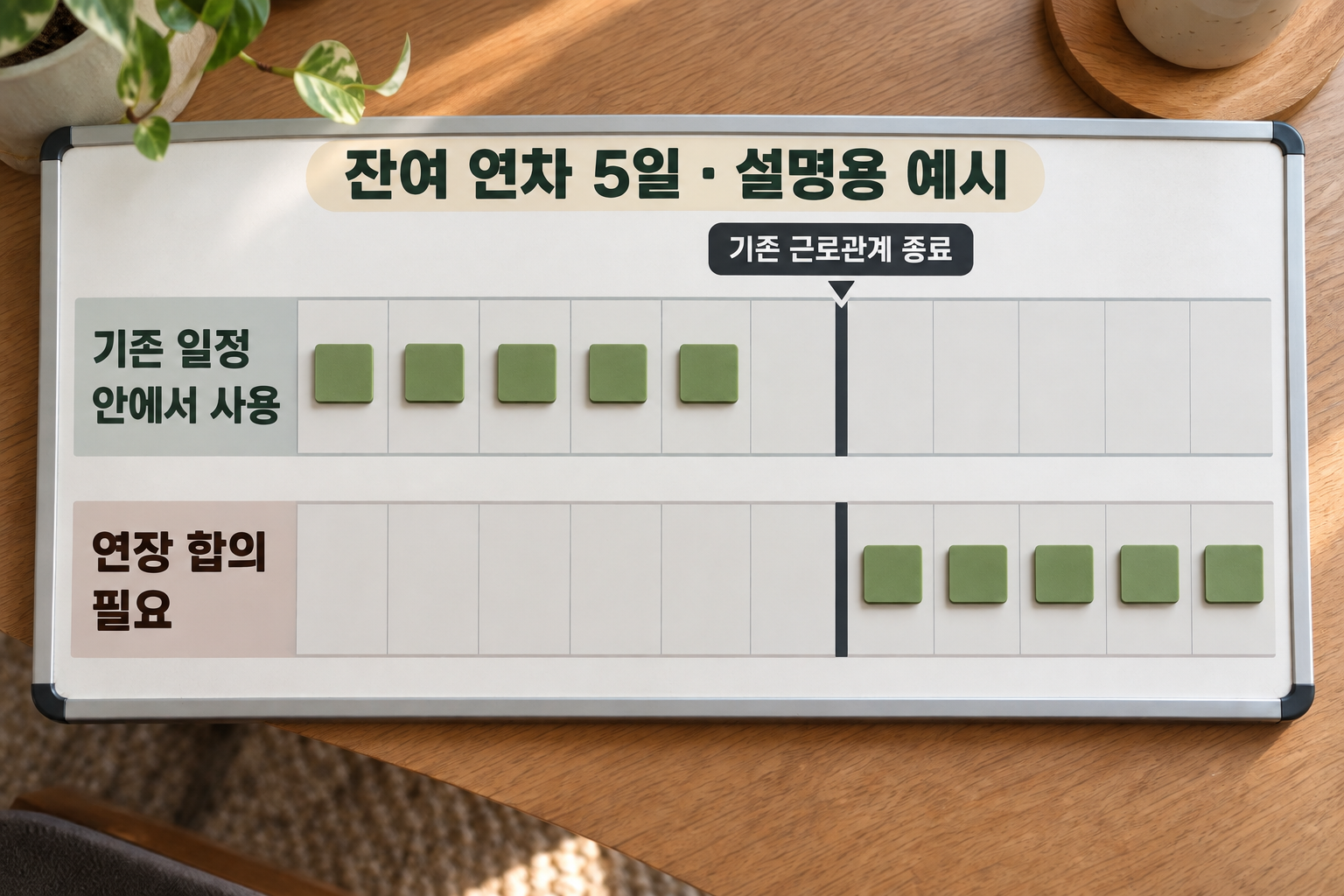 잔여 연차 5일을 기존 종료 전 사용하는 경우와 종료 뒤로 연장하는 경우의 설명용 일정 비교
