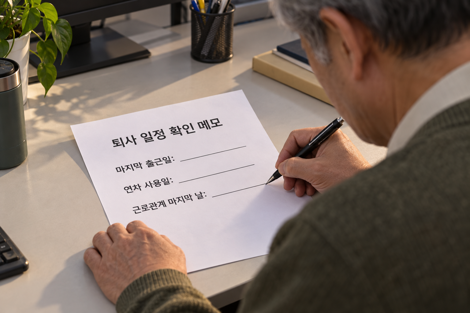 마지막 출근일과 연차 사용일, 근로관계 마지막 날을 구분해 요청 내용을 작성하는 설명용 장면