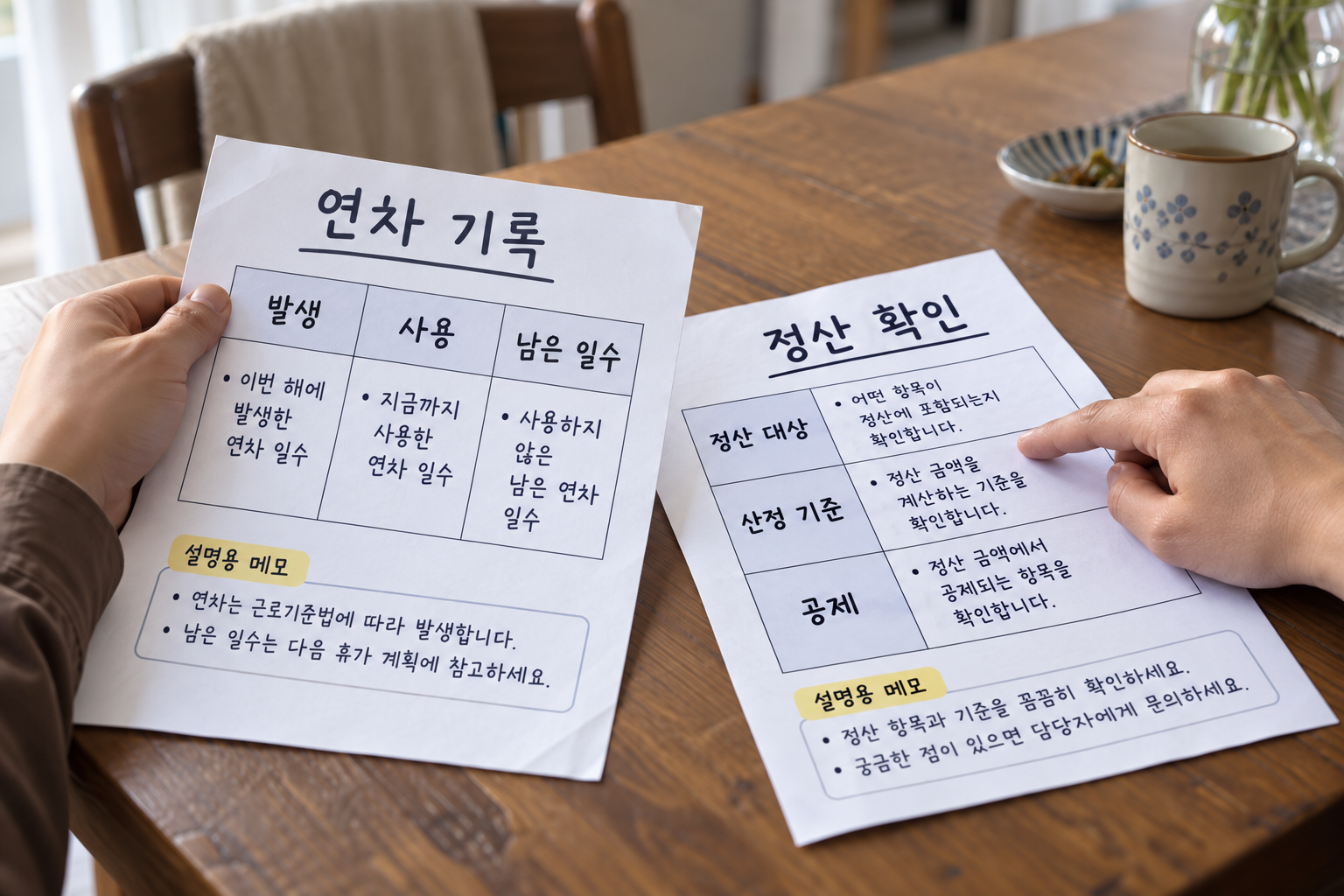 발생·사용한 연차와 미사용수당 정산 대상 일수를 대조하는 설명용 장면