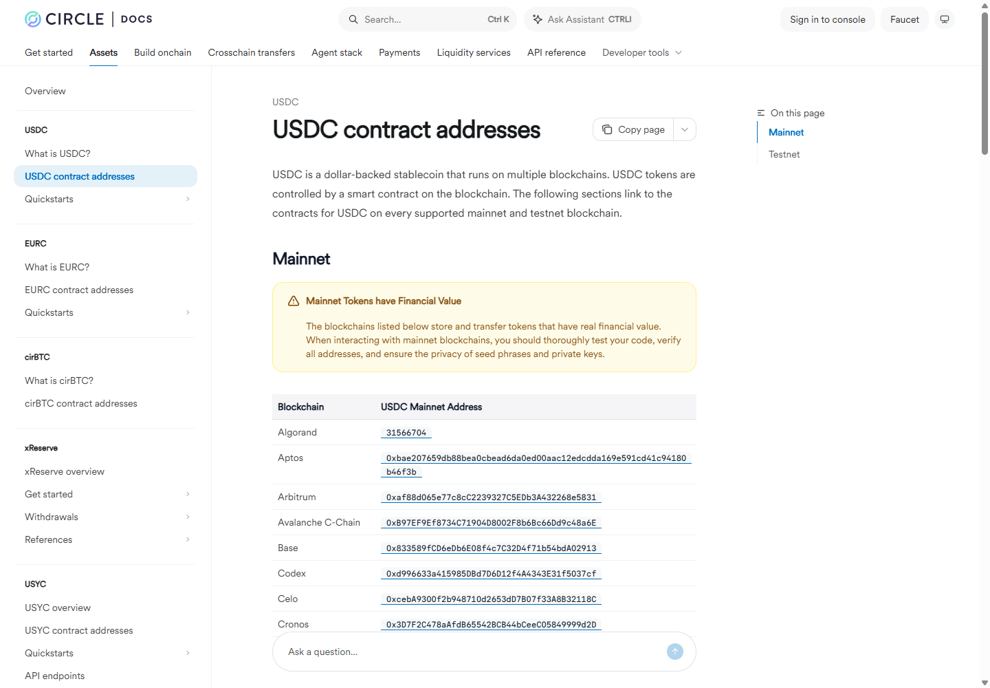 Circle 공식 문서에 표시된 이더리움 메인넷 USDC 계약 주소