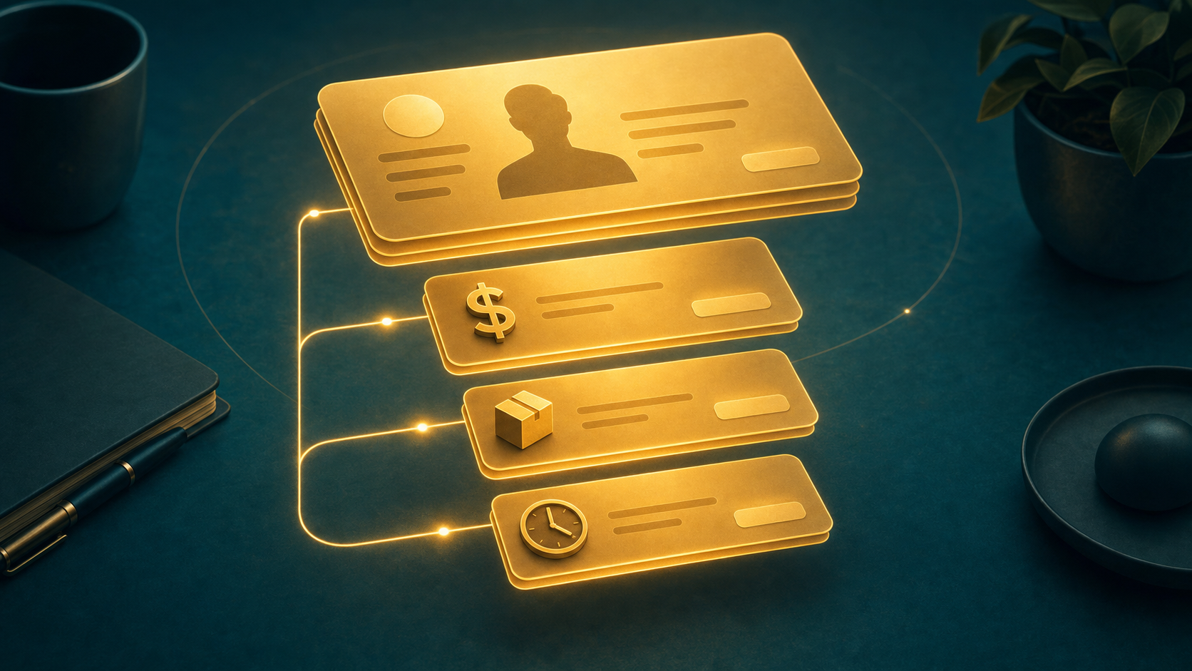 Abstract CRM donor record with linked cards representing cash, in-kind property, and pro bono services