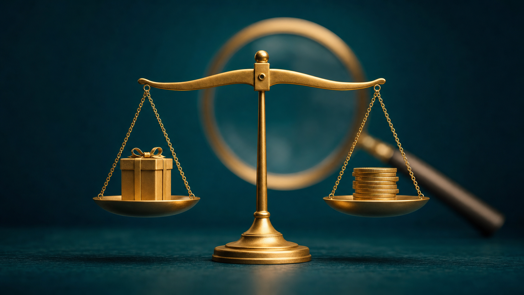 Balance scale weighing a gift box against a stack of coins under a magnifying glass, symbolizing fair market value