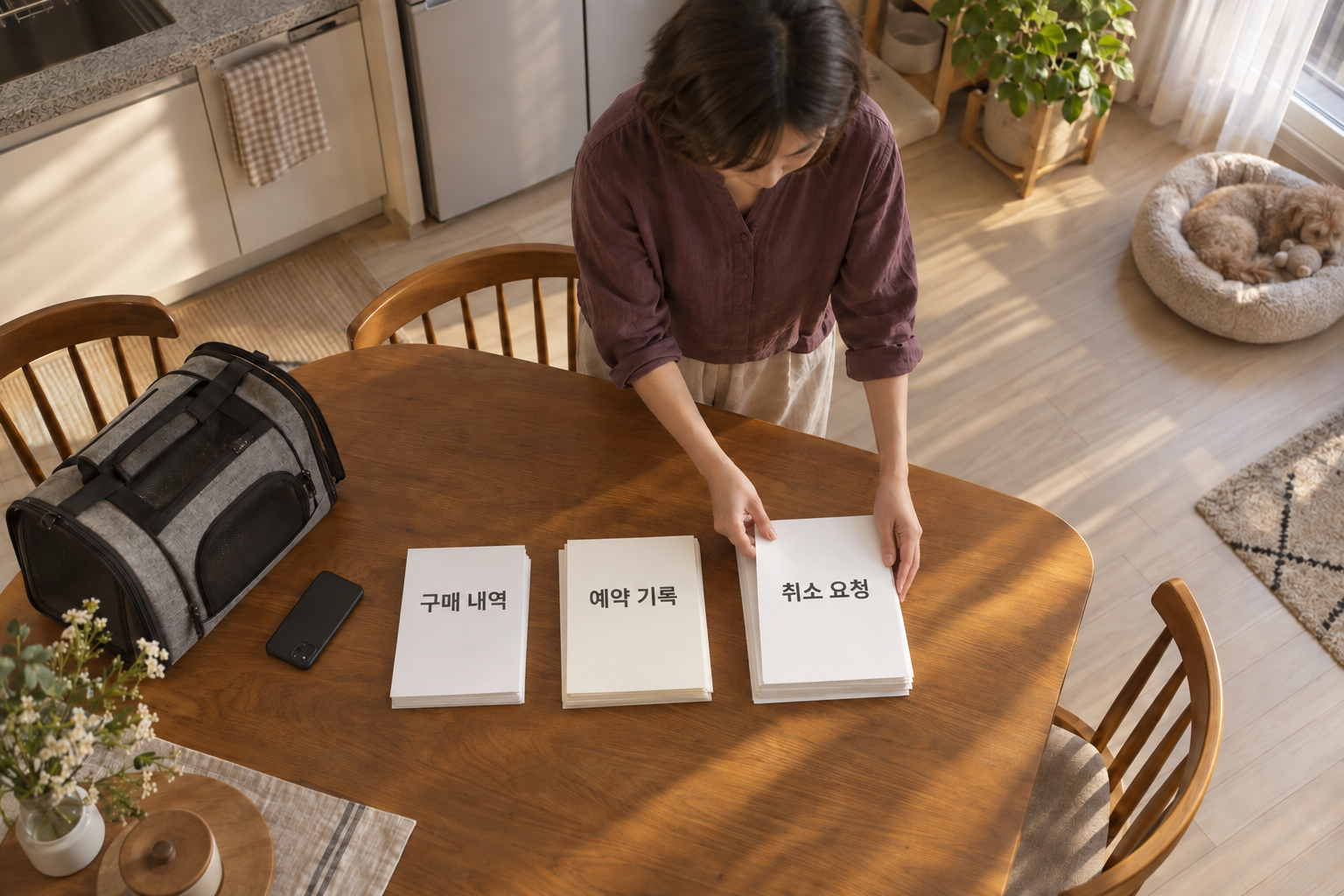 취소 접수시각과 환불 산출내역 요청을 위해 기록을 정리하는 설명용 장면
