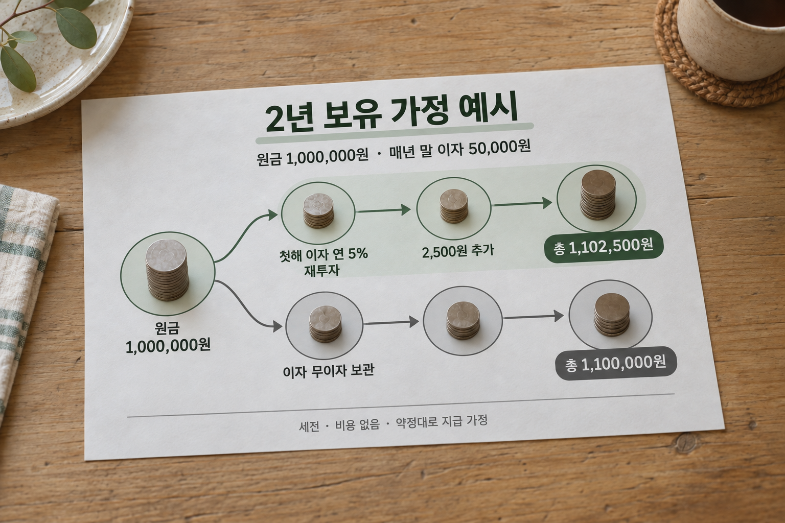 같은 가정 채권에서 첫해 이자 재투자 여부에 따라 2년 뒤 총액이 2,500원 달라지는 계산