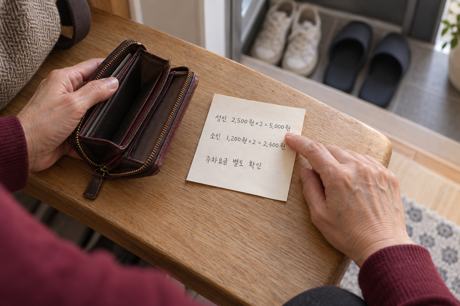 게시 편도 요금으로 계산한 성인 왕복 5,000원과 소인 왕복 2,400원 및 별도 주차비 항목