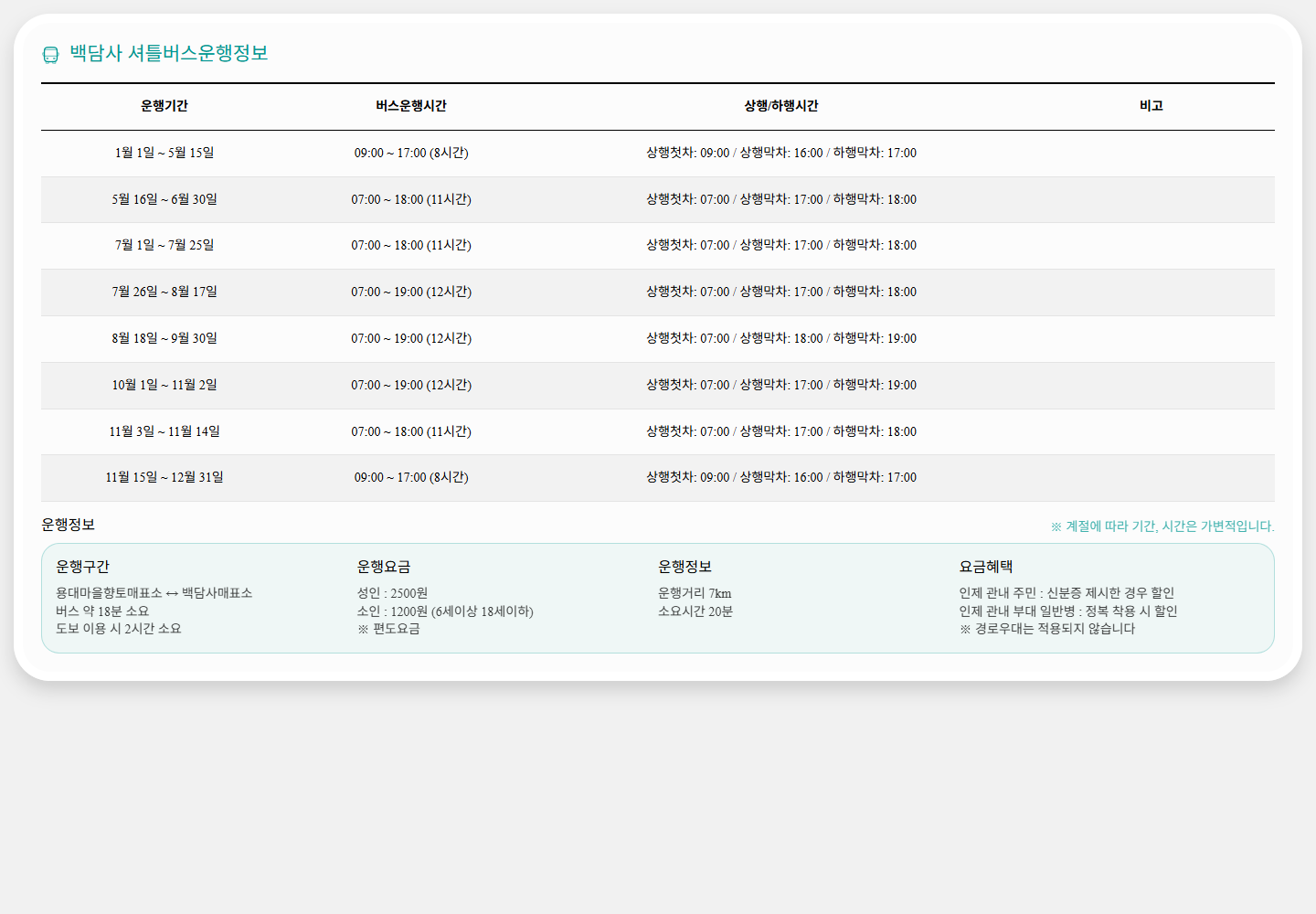 인제군 시간표의 날짜 행과 상행 첫차·상행 막차·하행 막차 열을 대조하는 공개 화면