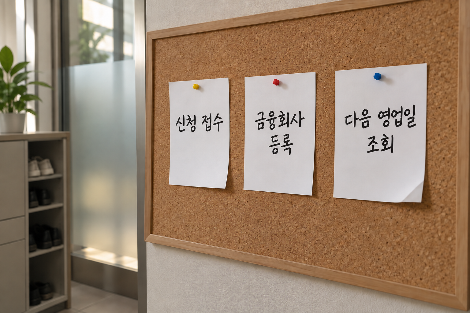 신청 접수와 금융회사 등록을 나누고 등록 다음 영업일을 확인하는 설명용 메모