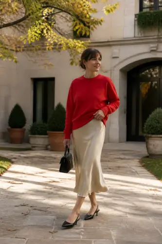 sweatshirt outfit ideas 10 red graphic sweatshirt champagne silk skirt 10 1789344916.webp