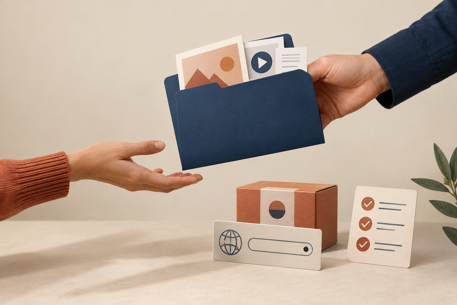Clean handoff folder with a product parcel, web address card, and checklist