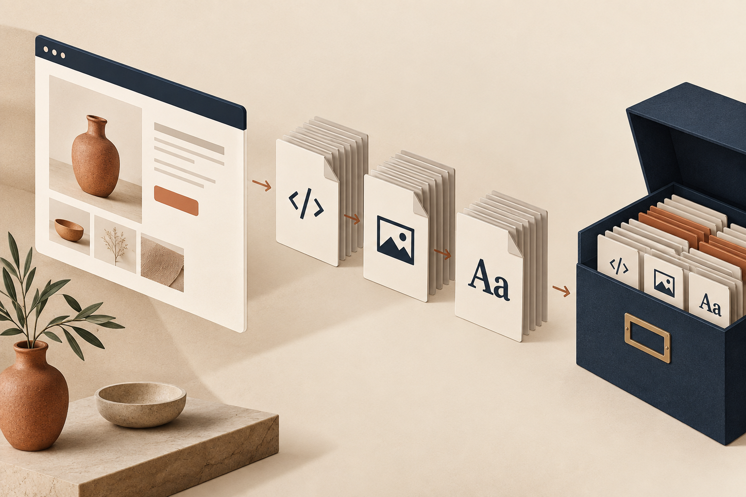 Squarespace-style storefront page becoming an orderly archive of static files