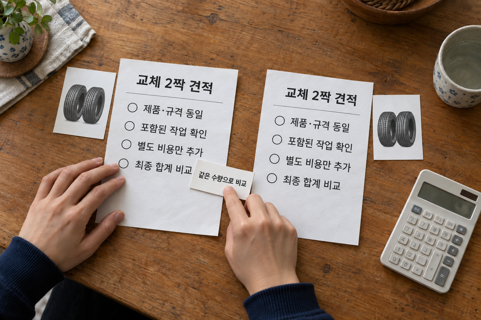 같은 교체 수량으로 맞추고 별도 비용만 더하는 견적 비교 장면