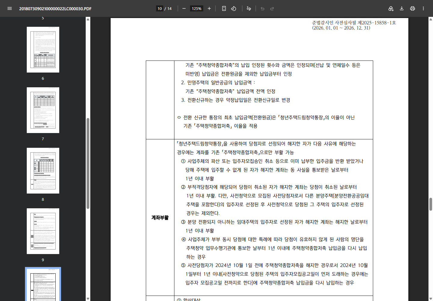 취소일부터 1년 이내 부활 조건과 사전당첨자 제외 범위를 설명하는 신한은행 상품설명서