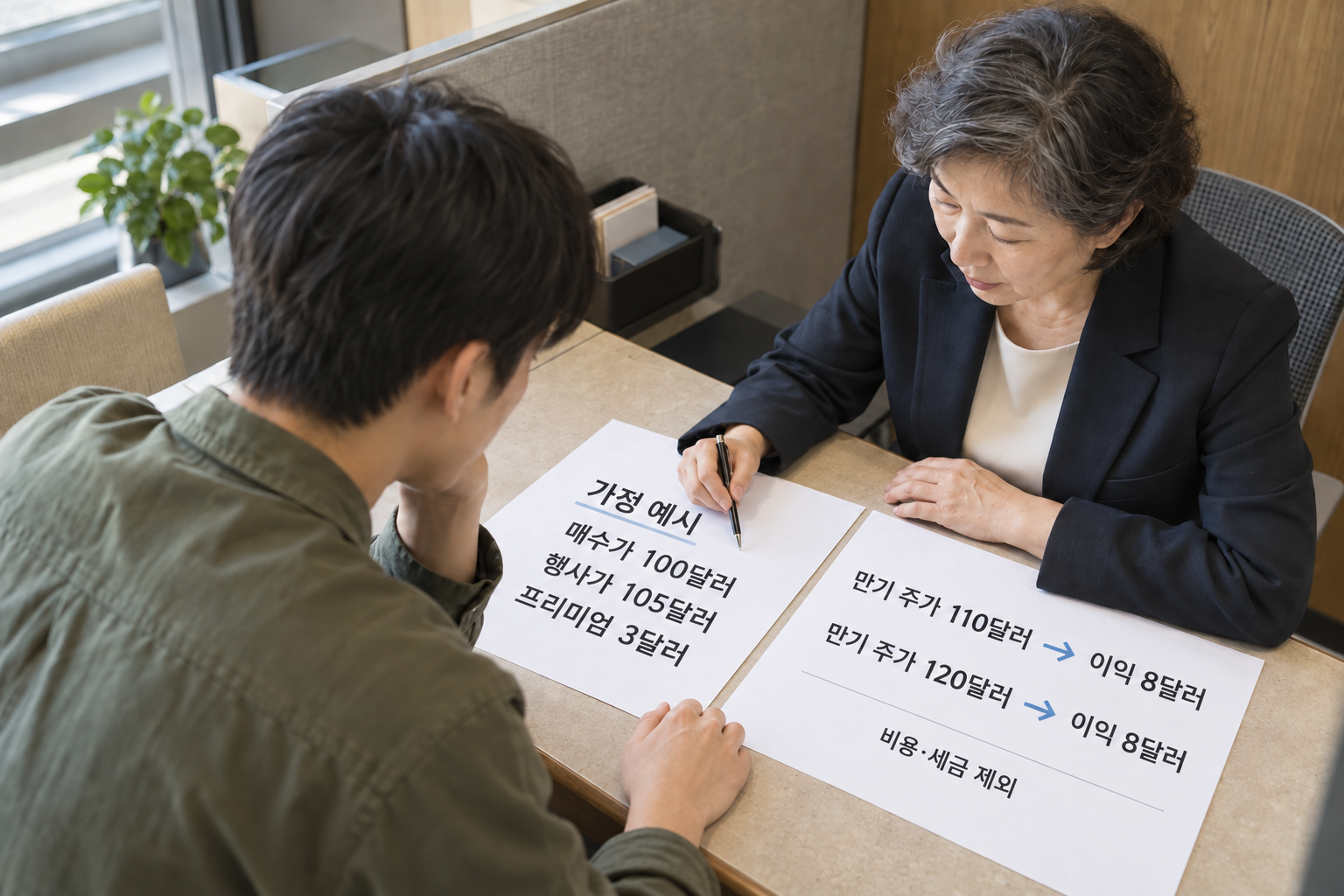 만기 주가 110달러와 120달러에서 커버드콜 이익이 각각 8달러가 되는 가정 계산