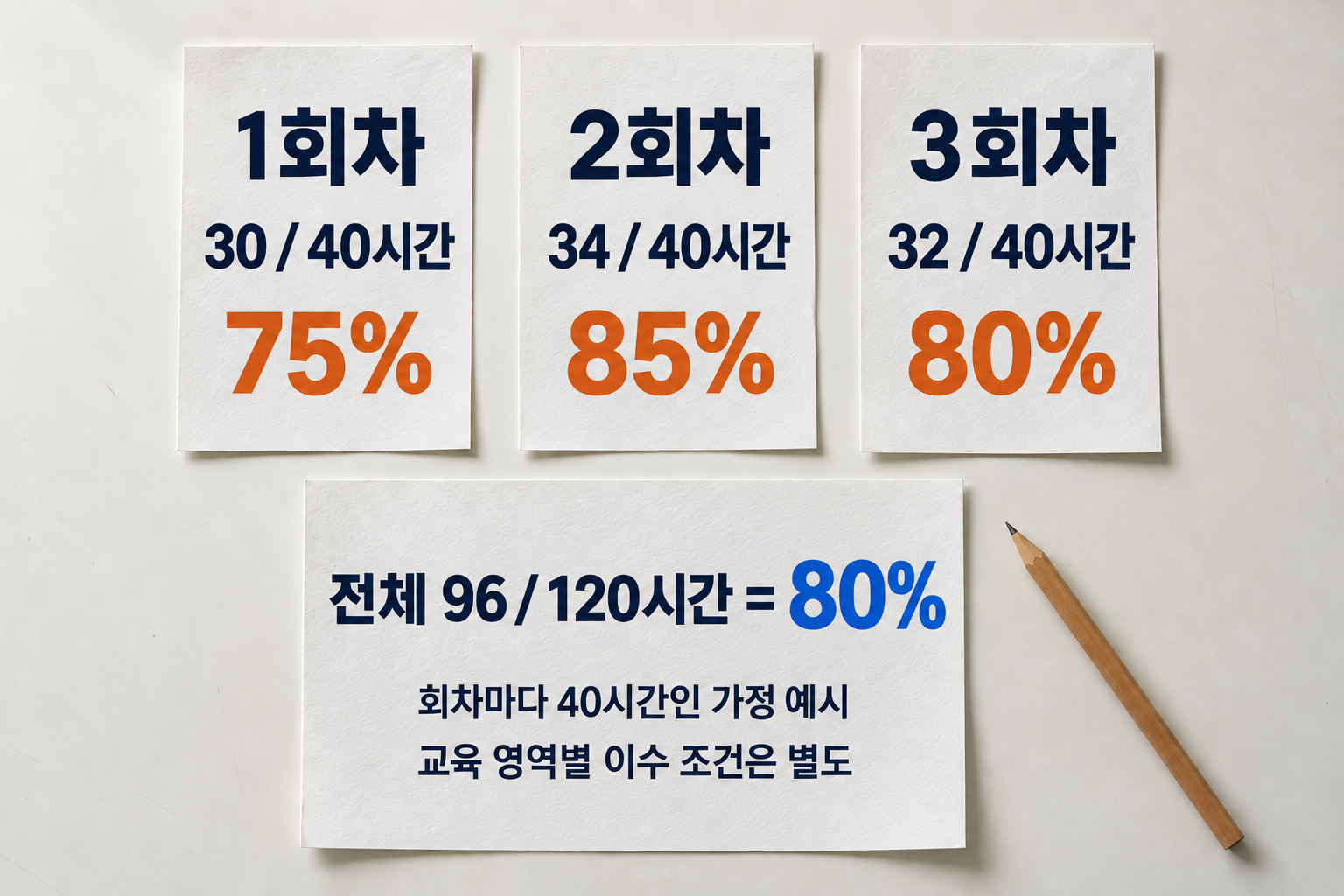 회차당 40시간 가정에서 전체 출석률 80%와 첫 회차 75%를 구분한 계산