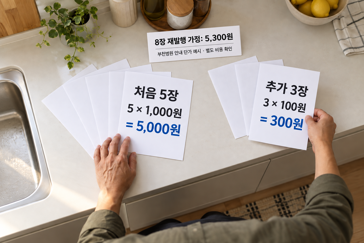 부천병원 안내 단가로 8매 수수료 5,300원을 계산한 설명용 그림