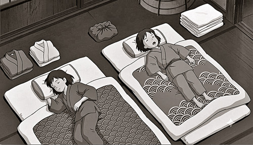 Eine nostalgische Monochrom-Illustration zweier Mädchen, die auf gemusterten Futons über Tatami-Matten ruhen – gefaltete Kimonos, ein hölzerner Bottich und ordentlich gestapelte Wäsche vermitteln die stille Atmosphäre des alten Japan im klassischen Animationsstil.