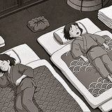 Anime Stil. Mädchen schlafen auf Futons im sepiafarbenen traditionellen japanischen Zimmer.