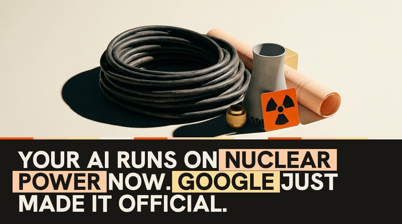 Editorial still-life photograph of industrial power cables coiled beside a miniature cooling tower model and an orange nuclear hazard placard on warm ivory paper