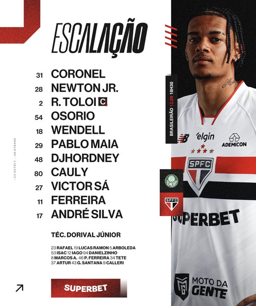 ESCALAÇÃO! São Paulo preparado para duelo contra o Palmeiras
