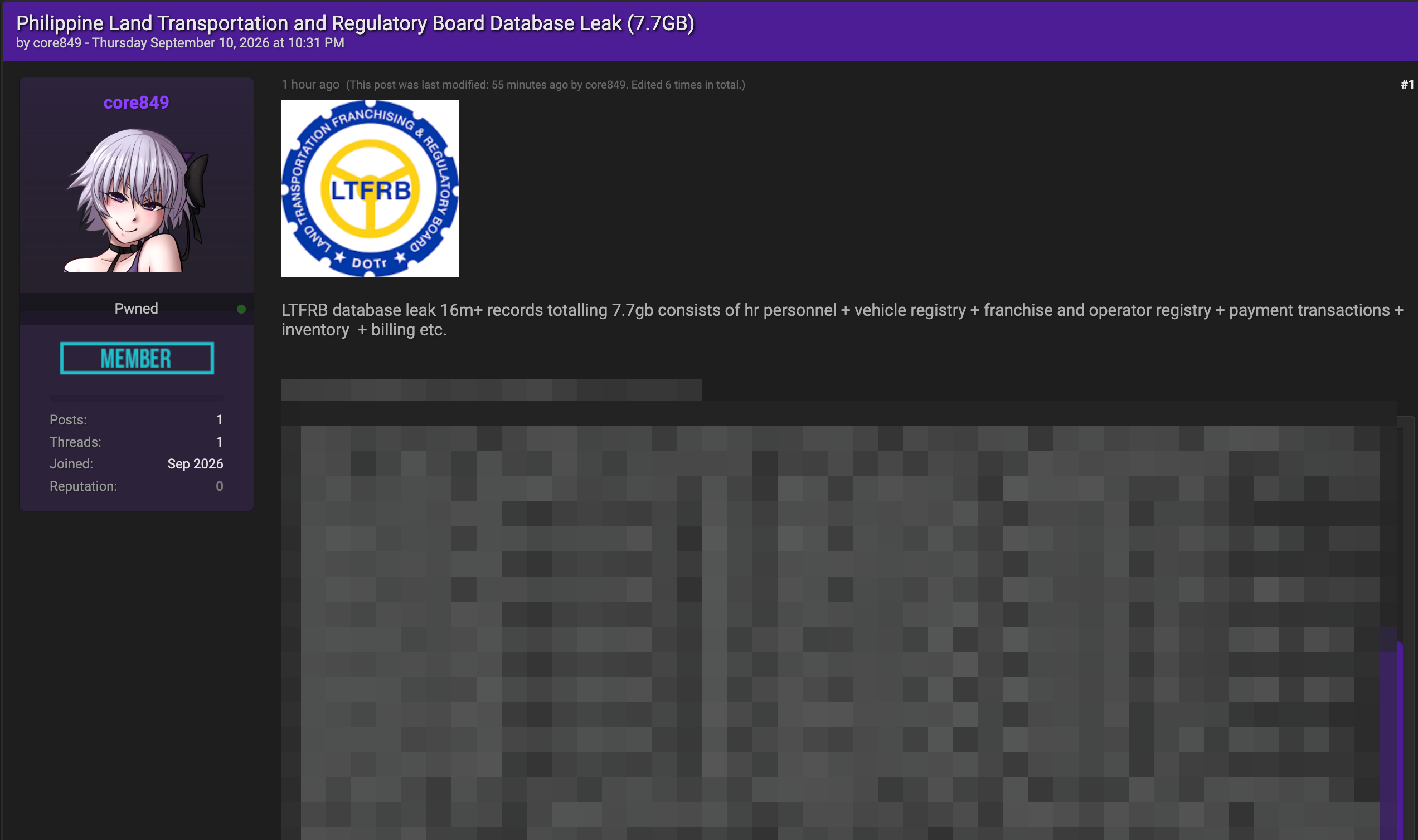 LTFRB Database Leak Claims Exposure of 16 Million Records, 7.7GB of Data