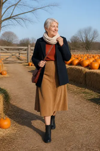 pumpkin patch outfits 18 navy peacoat rust sweater and corduroy skirt 18 1790047397.webp