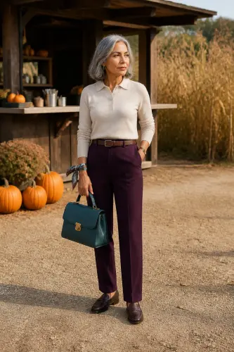 pumpkin patch outfits 17 oatmeal knit polo plum trousers and loafers 17 1790047337.webp