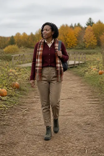 pumpkin patch outfits 15 cranberry cardigan cream trousers and hiking boots 15 1790047215.webp