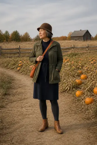 pumpkin patch outfits 9 navy sweater dress with olive field jacket 9 1790046855.webp