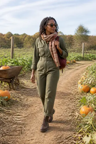 pumpkin patch outfits 6 olive utility jumpsuit with plaid scarf and lug boots 6 1790046673.webp