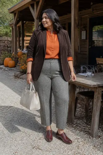 pumpkin patch outfits 12 chocolate blazer pumpkin blouse and herringbone pants 1790047035.webp