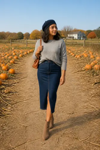 pumpkin patch outfits 13 denim midi skirt heather sweater and suede ankle boots 1790047097.webp