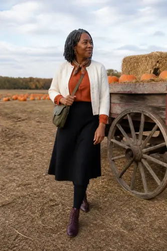 pumpkin patch outfits 4 cream cardigan rust blouse and black a line skirt 4 1790046557.webp