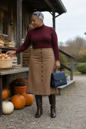 pumpkin patch outfits 7 burgundy turtleneck tan skirt and tall riding boots 7 1790046735.webp