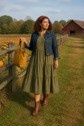 pumpkin patch outfits 16 olive midi dress denim jacket and western boots 16 1790047275.webp