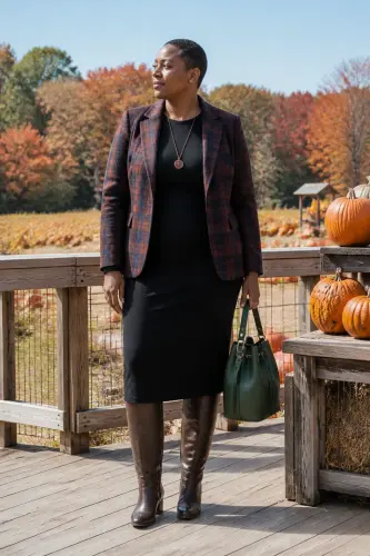 pumpkin patch outfits 14 black jersey dress plaid blazer and riding boots 14 1790047155.webp