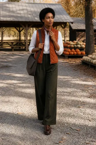 pumpkin patch outfits 10 white oxford terracotta vest and wide leg trousers 10 1790046914.webp