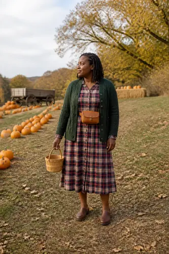 pumpkin patch outfits 11 plaid shirt dress with cable cardigan and clogs 11 1790046972.webp