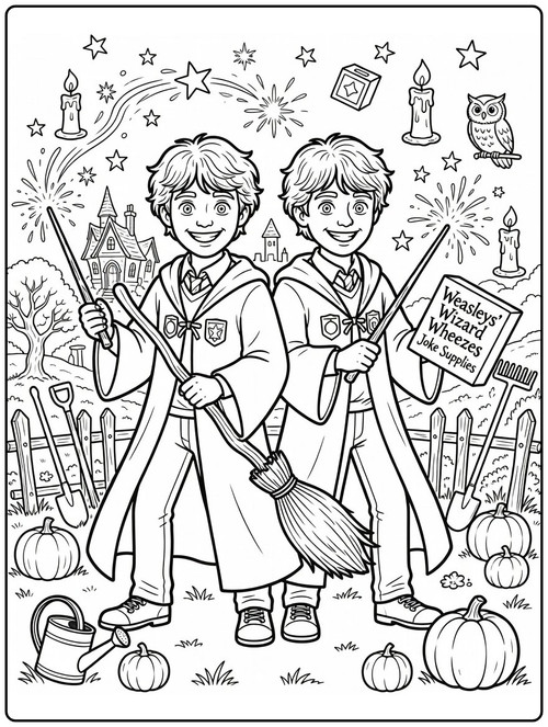 Fred und George Weasley wandern durch den Garten mit Besen und Zauberutensilien.jpg